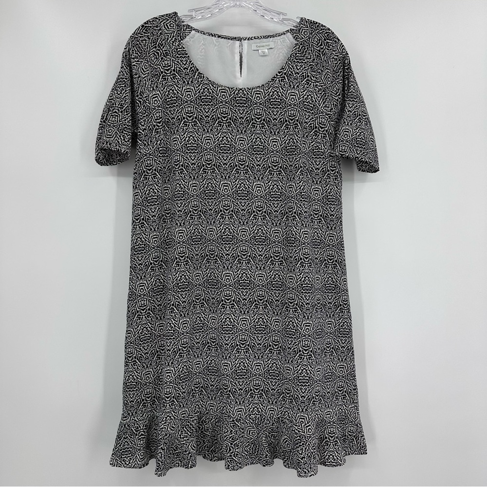 Garnet Hill Silk Short Sleeve Ruffle Hem Dress Black Ivory Size 8